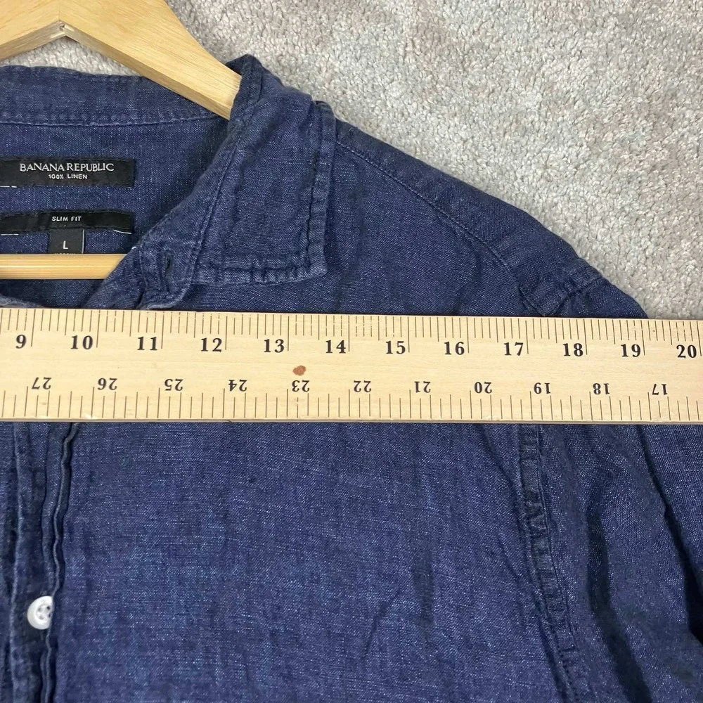 Banana Republic Button Down Shirt Mens Large Navy Blue 100% Linen Slim Fit